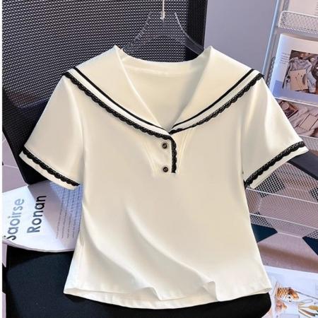 BY10679# 夏季假两件正肩短袖t恤女新上款海军领白色上衣半袖t恤ins 服裝批發女裝批發服飾貨源