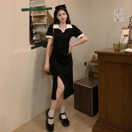 BY10681# 新款甜美撞色polo领开叉连衣裙女夏设计感褶皱修身显瘦长裙子 服裝批發女裝批發服飾貨源