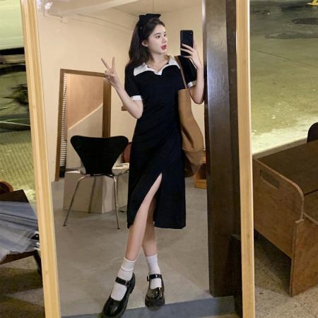 BY10681# 新款甜美撞色polo领开叉连衣裙女夏设计感褶皱修身显瘦长裙子 服裝批發女裝批發服飾貨源