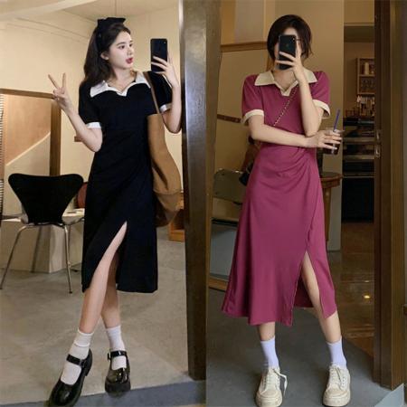 BY10681# 新款甜美撞色polo领开叉连衣裙女夏设计感褶皱修身显瘦长裙子 服裝批發女裝批發服飾貨源