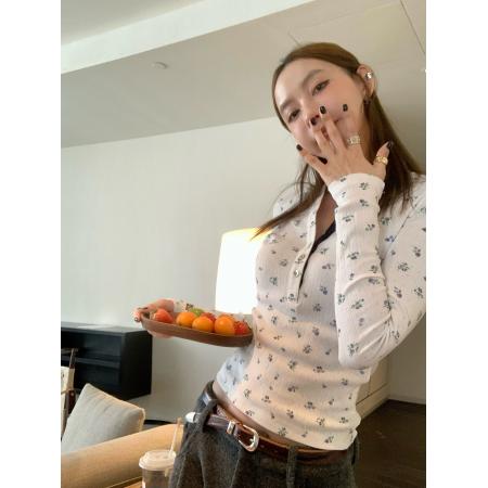 BY10685# 13C奶呼呼妮味时髦亨利领纯棉碎花长袖T恤打底衫修身内搭女 服裝批發女裝批發服飾貨源