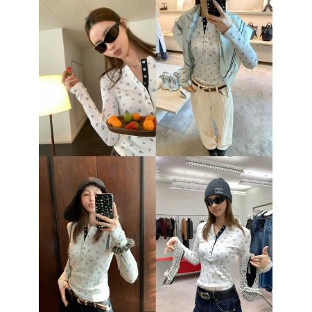 BY10685# 13C奶呼呼妮味时髦亨利领纯棉碎花长袖T恤打底衫修身内搭女 服裝批發女裝批發服飾貨源