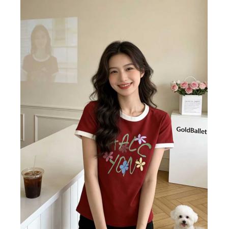 多巴胺彩色印花撞边圆领正肩显瘦短袖T恤女夏短款上衣 服裝批發女裝批發服飾貨源