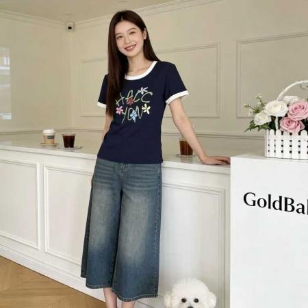 BY10686# 多巴胺彩色印花撞边圆领正肩显瘦短袖T恤女夏短款上衣 服裝批發女裝批發服飾貨源