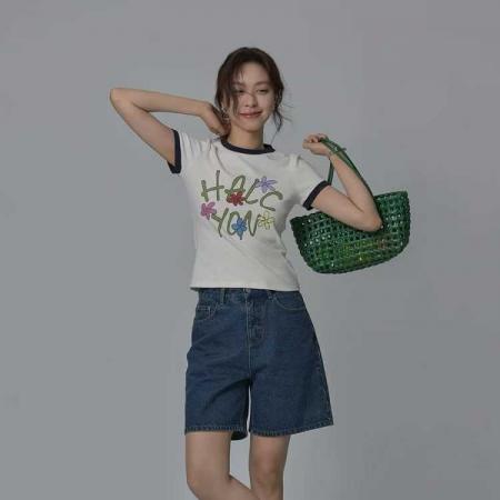 BY10686# 多巴胺彩色印花撞边圆领正肩显瘦短袖T恤女夏短款上衣 服裝批發女裝批發服飾貨源