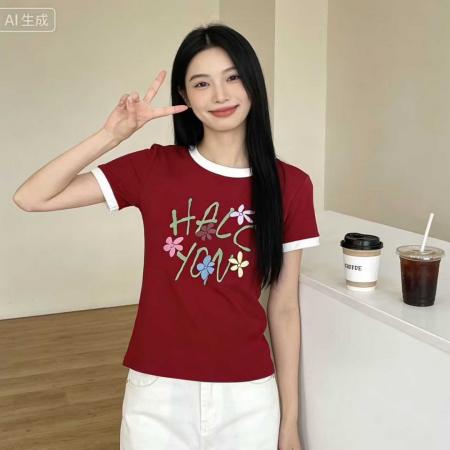 BY10686# 多巴胺彩色印花撞边圆领正肩显瘦短袖T恤女夏短款上衣 服裝批發女裝批發服飾貨源