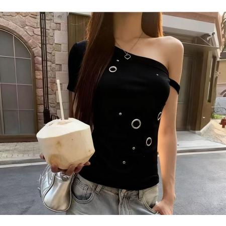 BY10687# 美式辣妹灰色斜肩露肩短袖t恤女夏季修身显瘦设计感小众短款上衣 服裝批發女裝批發服飾貨源