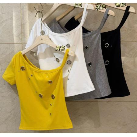 BY10687# 美式辣妹灰色斜肩露肩短袖t恤女夏季修身显瘦设计感小众短款上衣 服裝批發女裝批發服飾貨源