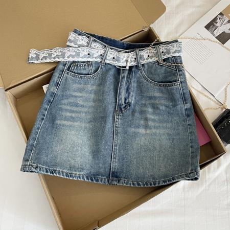 BY10688# 韩系气质蕾丝腰带牛仔半身裙女高腰A字显瘦百搭包臀短裙子辣 服裝批發女裝批發服飾貨源