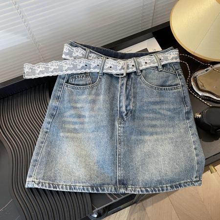 BY10688# 韩系气质蕾丝腰带牛仔半身裙女高腰A字显瘦百搭包臀短裙子辣 服裝批發女裝批發服飾貨源