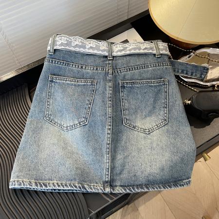 BY10688# 韩系气质蕾丝腰带牛仔半身裙女高腰A字显瘦百搭包臀短裙子辣 服裝批發女裝批發服飾貨源