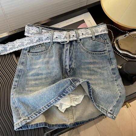 BY10688# 韩系气质蕾丝腰带牛仔半身裙女高腰A字显瘦百搭包臀短裙子辣 服裝批發女裝批發服飾貨源