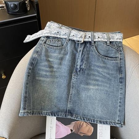 BY10688# 韩系气质蕾丝腰带牛仔半身裙女高腰A字显瘦百搭包臀短裙子辣 服裝批發女裝批發服飾貨源