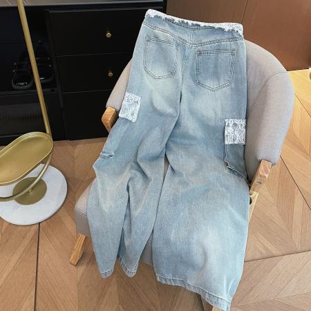 BY10689# 蕾丝拼接设计翻腰牛仔裤女高腰直筒宽松显瘦阔腿工装长裤子潮 服裝批發女裝批發服飾貨源