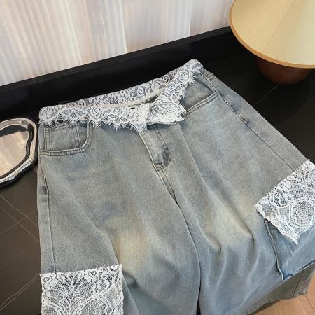 BY10689# 蕾丝拼接设计翻腰牛仔裤女高腰直筒宽松显瘦阔腿工装长裤子潮 服裝批發女裝批發服飾貨源