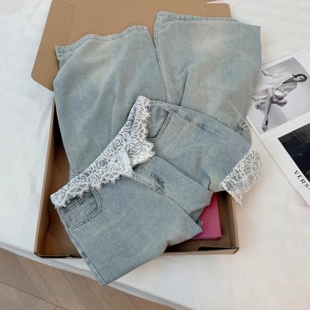 BY10689# 蕾丝拼接设计翻腰牛仔裤女高腰直筒宽松显瘦阔腿工装长裤子潮 服裝批發女裝批發服飾貨源