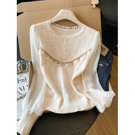 BY10690# 春季新款雪纺袖拼接针织衫薄款波西米亚风上衣洋气百搭 服裝批發女裝批發服飾貨源