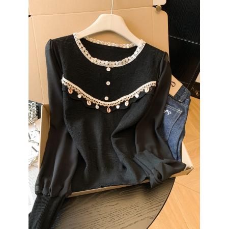 BY10690# 春季新款雪纺袖拼接针织衫薄款波西米亚风上衣洋气百搭 服裝批發女裝批發服飾貨源