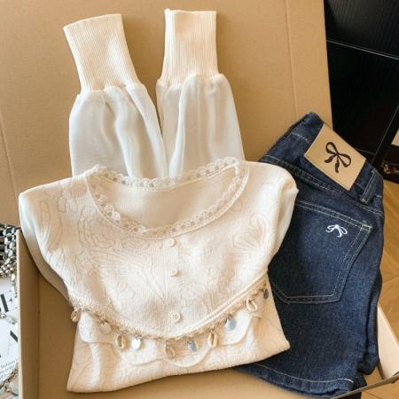 BY10690# 春季新款雪纺袖拼接针织衫薄款波西米亚风上衣洋气百搭 服裝批發女裝批發服飾貨源