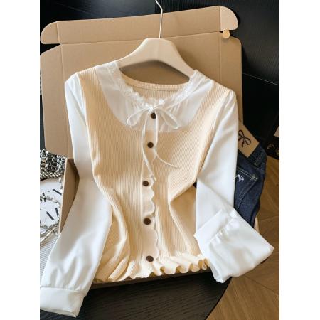 春季新款假两件撞色针织拼接雪纺...