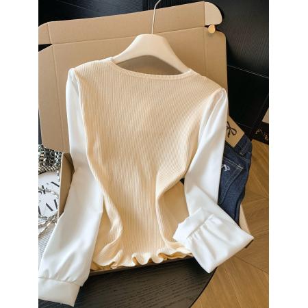 BY10691# 春季新款假两件撞色针织拼接雪纺衫法式轻奢圆领洋气上衣 服裝批發女裝批發服飾貨源