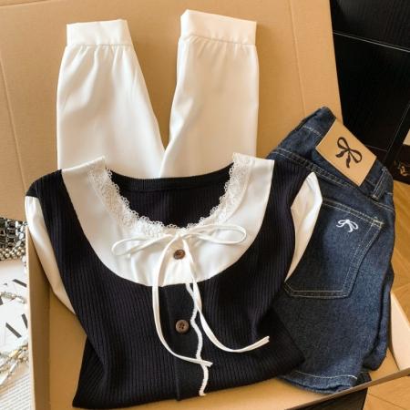 BY10691# 春季新款假两件撞色针织拼接雪纺衫法式轻奢圆领洋气上衣 服裝批發女裝批發服飾貨源