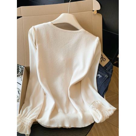 BY10692# 春季新款提花针织拼接雪纺衫法式方领轻奢钉珠上衣衬衫 服裝批發女裝批發服飾貨源