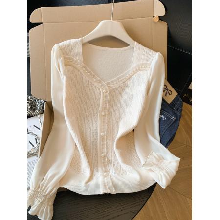 BY10692# 春季新款提花针织拼接雪纺衫法式方领轻奢钉珠上衣衬衫 服裝批發女裝批發服飾貨源