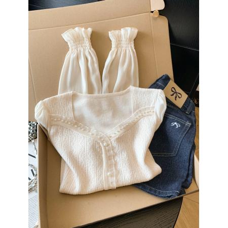 BY10692# 春季新款提花针织拼接雪纺衫法式方领轻奢钉珠上衣衬衫 服裝批發女裝批發服飾貨源