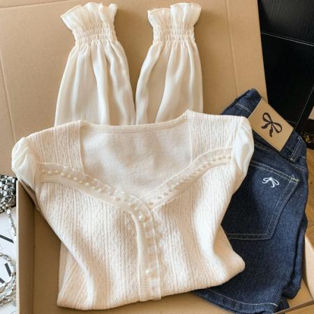 BY10692# 春季新款提花针织拼接雪纺衫法式方领轻奢钉珠上衣衬衫 服裝批發女裝批發服飾貨源