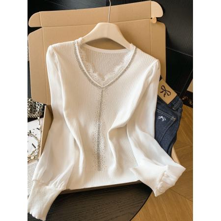 春季新款雪纺袖拼接针织衫V领烫...