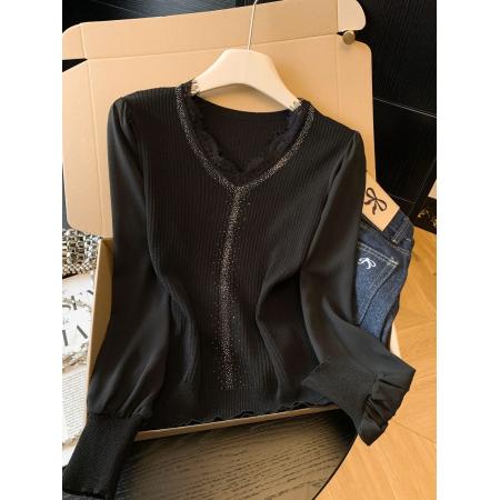 BY10693# 春季新款雪纺袖拼接针织衫V领烫钻洋气上衣简约百搭 服裝批發女裝批發服飾貨源