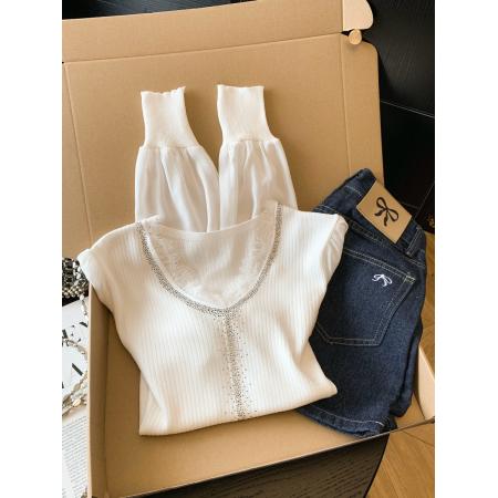 BY10693# 春季新款雪纺袖拼接针织衫V领烫钻洋气上衣简约百搭 服裝批發女裝批發服飾貨源