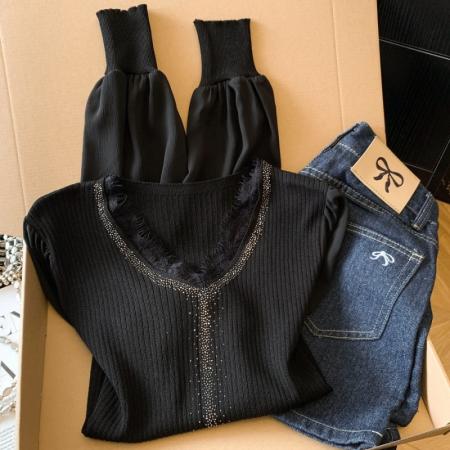 BY10693# 春季新款雪纺袖拼接针织衫V领烫钻洋气上衣简约百搭 服裝批發女裝批發服飾貨源