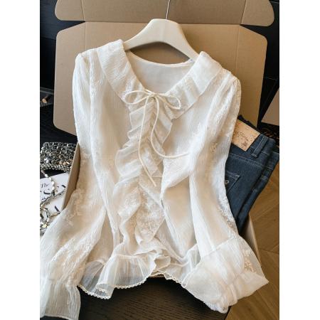 春季新款刺绣烫褶蕾丝衫法式轻奢刺绣小衫荷叶边系带上衣 服裝批發女裝批發服飾貨源