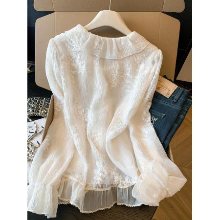 BY10694# 春季新款刺绣烫褶蕾丝衫法式轻奢刺绣小衫荷叶边系带上衣 服裝批發女裝批發服飾貨源