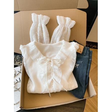 BY10694# 春季新款刺绣烫褶蕾丝衫法式轻奢刺绣小衫荷叶边系带上衣 服裝批發女裝批發服飾貨源