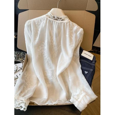 BY10695# 春季新款法式轻奢刺绣蕾丝衬衫飘带设计感上衣仙气飘飘 服裝批發女裝批發服飾貨源