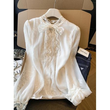 BY10695# 春季新款法式轻奢刺绣蕾丝衬衫飘带设计感上衣仙气飘飘 服裝批發女裝批發服飾貨源
