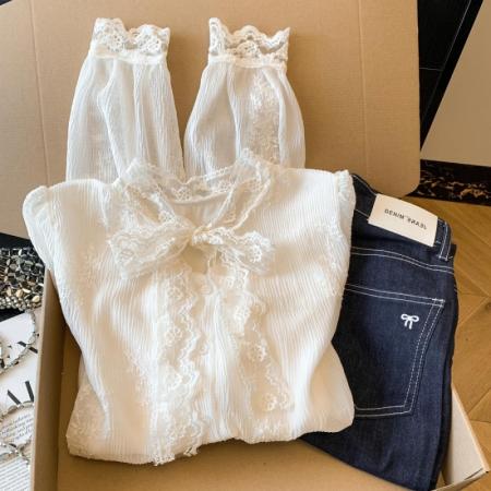 BY10695# 春季新款法式轻奢刺绣蕾丝衬衫飘带设计感上衣仙气飘飘 服裝批發女裝批發服飾貨源