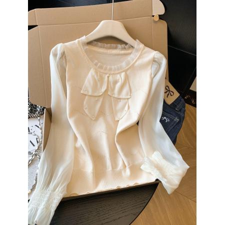 春季新款针织拼接雪纺衫圆领法式...