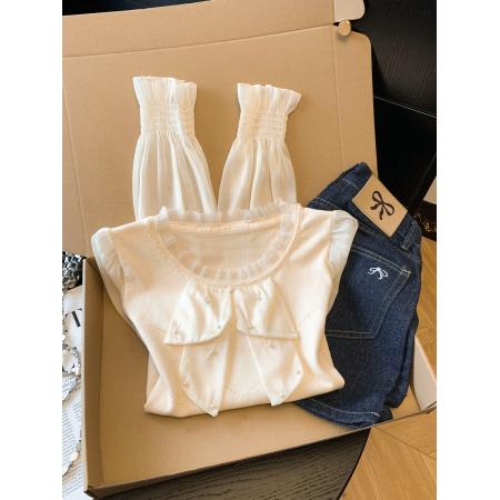 BY10696# 春季新款针织拼接雪纺衫圆领法式轻奢高级感钉珠上衣 服裝批發女裝批發服飾貨源