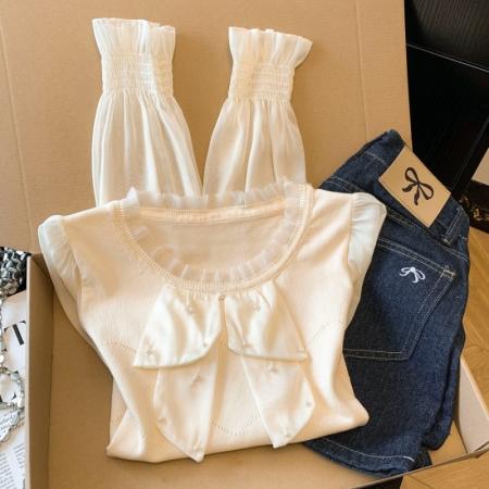 BY10696# 春季新款针织拼接雪纺衫圆领法式轻奢高级感钉珠上衣 服裝批發女裝批發服飾貨源