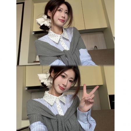 BY10697# 韩系学院风假两件衬衫女春季高级感小众别致设计长袖上衣 服裝批發女裝批發服飾貨源