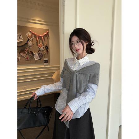 BY10697# 韩系学院风假两件衬衫女春季高级感小众别致设计长袖上衣 服裝批發女裝批發服飾貨源