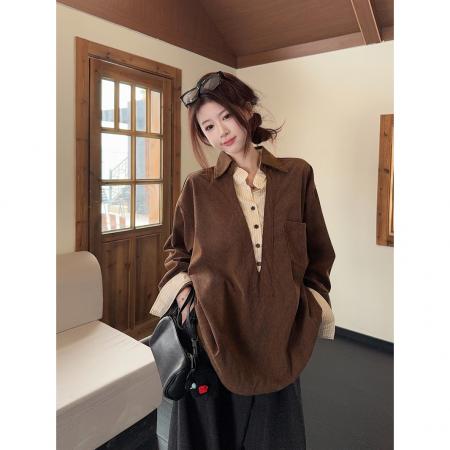 BY10698# 韩系慵懒复古咖色假两件拼接衬衫女春设计感通勤长袖上衣 服裝批發女裝批發服飾貨源