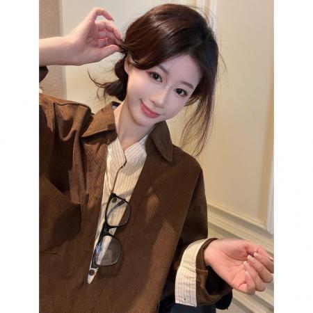 BY10698# 韩系慵懒复古咖色假两件拼接衬衫女春设计感通勤长袖上衣 服裝批發女裝批發服飾貨源