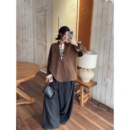 BY10698# 韩系慵懒复古咖色假两件拼接衬衫女春设计感通勤长袖上衣 服裝批發女裝批發服飾貨源