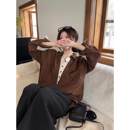 BY10698# 韩系慵懒复古咖色假两件拼接衬衫女春设计感通勤长袖上衣 服裝批發女裝批發服飾貨源