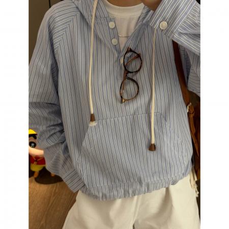 系蓝色条纹连帽衬衫卫衣春秋季宽松复古港风chic休闲外套上衣 服裝批發女裝批發服飾貨源